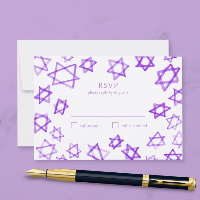 Cartons Réponse Aquarelle Étoile de David violette Bar Mitzvah (Watercolor Purple Star of David Bar Bat Mitzvah RSVP Card
)