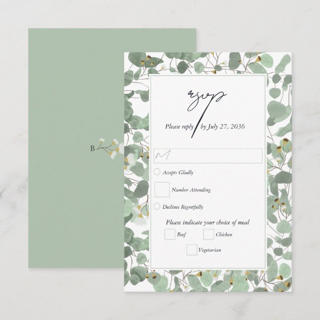 Cartons Réponse Aquarelle Eucalyptus Mariage de fleurs vertes (Devant / Derrière)