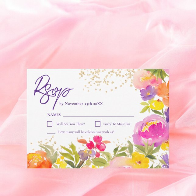 Cartons Réponse Aquarelle fleurie d'été rose violet or (Pink purple gold summer floral watercolor RSVP card)