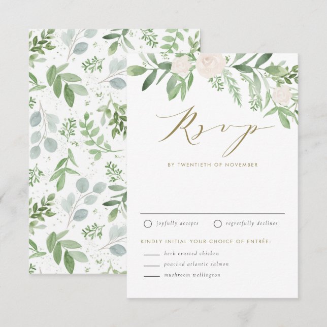 Cartons Réponse Aquarelle Fleurs blanches et Mariage de verdure (Devant / Derrière)