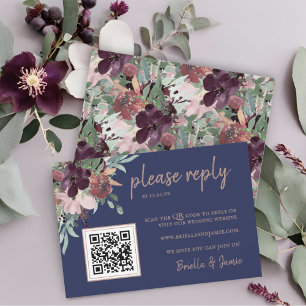 Cartons Réponse Aquarelle Floral Blush Plum Marine Mariage QR Code