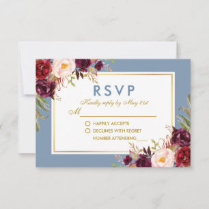 Cartons Réponse Aquarelle Floral Bourgogne Dusty Blue Gold Mariage