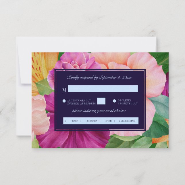 Cartons Réponse Aquarelle Gras Floral Rose Mariage Choix de repas (Devant)