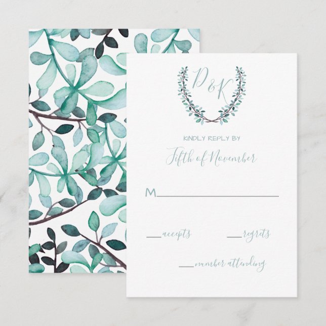 Cartons Réponse Aquarelle Laurel Leave Monogram Mariage (Devant / Derrière)