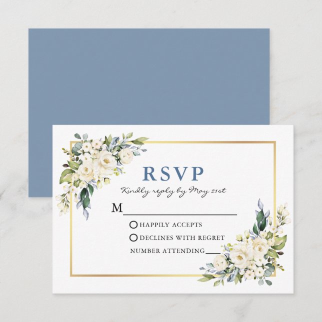 Cartons Réponse Aquarelle mariage Blanc Floral Dusty Bleu (Devant / Derrière)