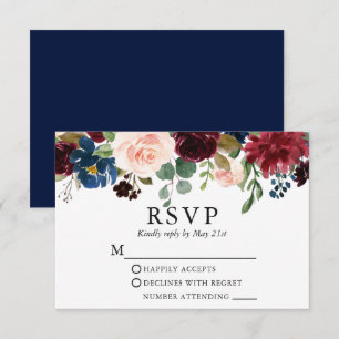 Cartons Réponse Aquarelle mariage Bleu Bourgogne Rose Floral