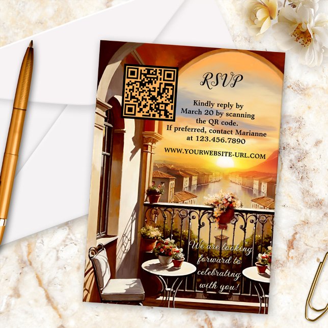 Cartons Réponse Aquarelle Mariage coucher de soleil italien (QR code wedding RSVP card showing a watercolor painting of a view from an Italian balcony at sunset)