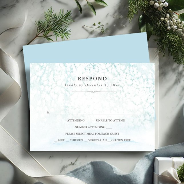 Cartons Réponse Aquarelle Mariage d'hiver papeterie (winter wedding rsvp card blue snowy scene)