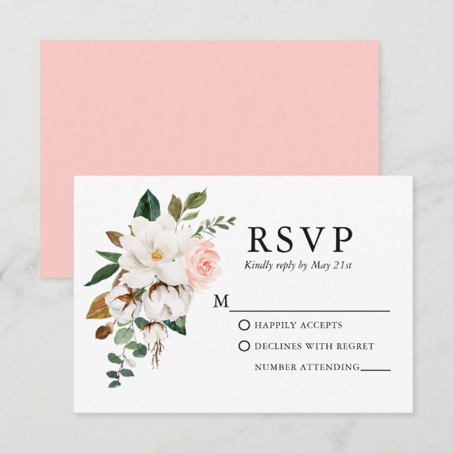 Cartons Réponse Aquarelle mariage Magnolias Roses rose (Devant / Derrière)