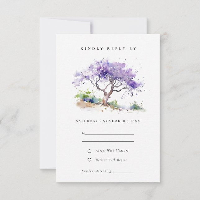 Cartons Réponse Aquarelle minimale Lilac Jacaranda Mariage arbre (Devant)