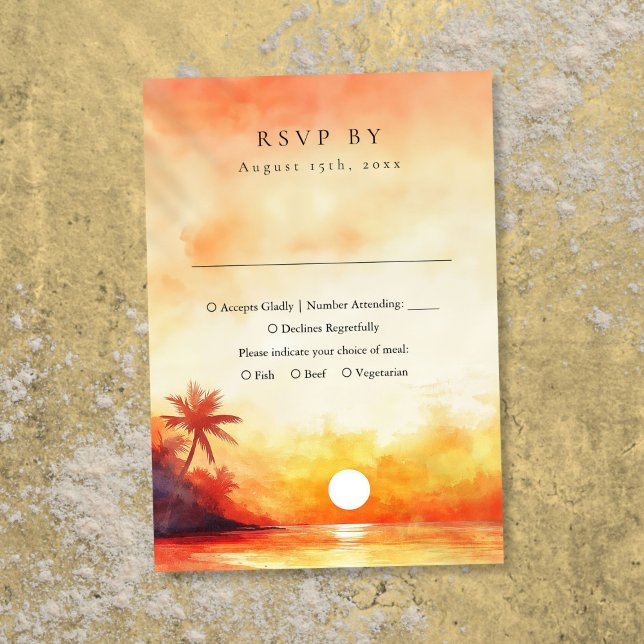 Cartons Réponse Aquarelle moderne Orange Beach Sunset Mariage (Modern Watercolor Orange Beach Sunset Wedding RSVP Card)