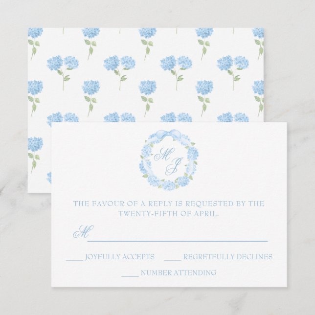 Cartons Réponse Aquarelle Monogramme bleu Hydrangea Mariage de cou (Devant / Derrière)