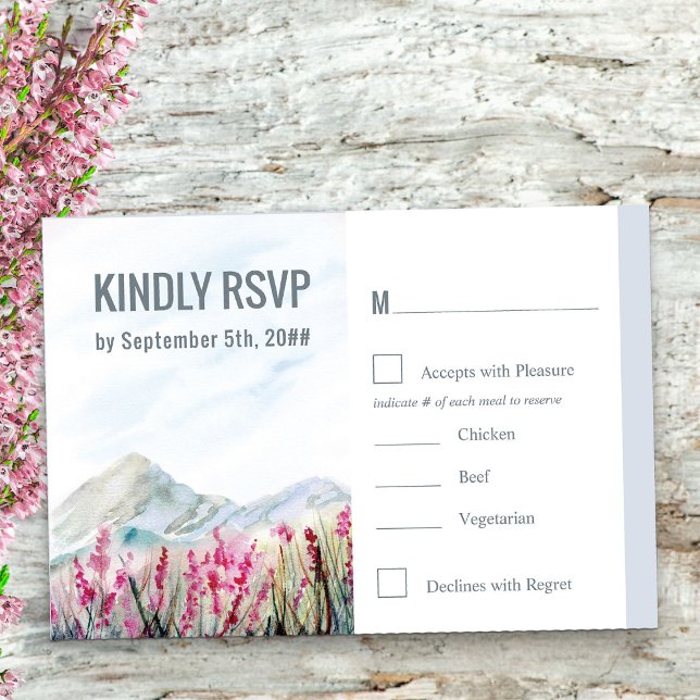 Cartons Réponse Aquarelle Mountain Meadow Dusty Blue Repas Option (RSVP with watercolor Mountain Meadow wedding landscape and choice of entree dishes)