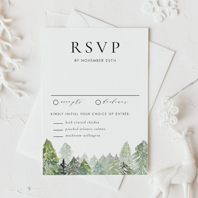 Cartons Réponse Aquarelle Neige Forêt À feuillage persistant Maria (This RSVP card features a snowy watercolor forest, perfect for winter weddings and seasonal events.)