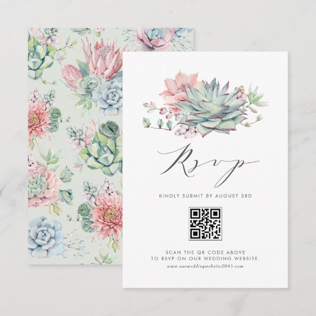 Cartons Réponse Aquarelle Pastel Succulents Bouquet QR Code (Devant / Derrière)