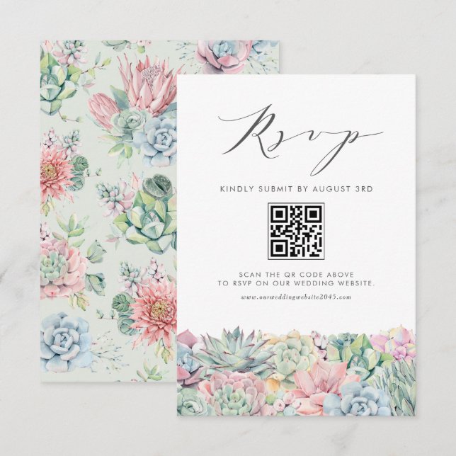 Cartons Réponse Aquarelle Pastel Succulents Mariage QR Code (Devant / Derrière)