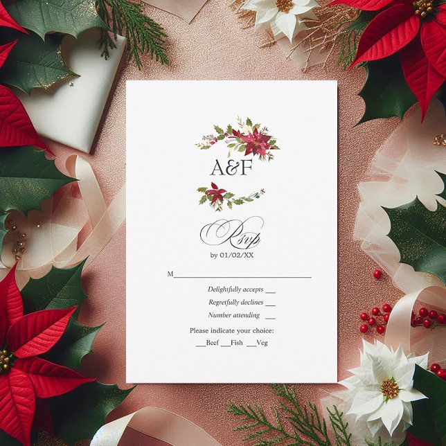 Cartons Réponse Aquarelle Poinsettia et Mariage de Noël Holly (Watercolor Poinsettia and Holly Christmas Wedding RSVP Card)