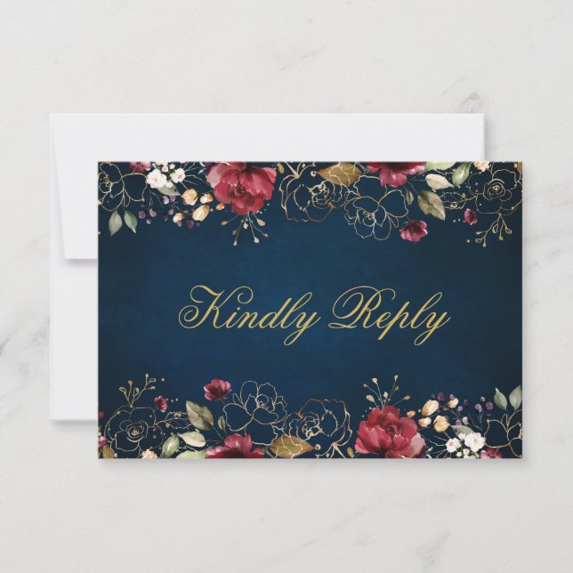 Cartons Réponse Aquarelle romantique Bourgogne Or Rouge Marine Flo (Devant)