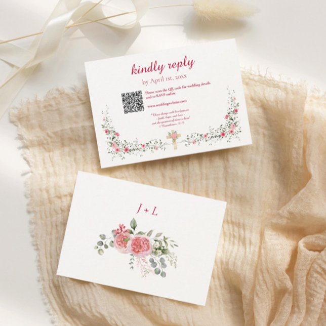 Cartons Réponse Aquarelle rose et Mariage chrétien croisé (RSVP Wedding Card Rose Watercolor with Cross)