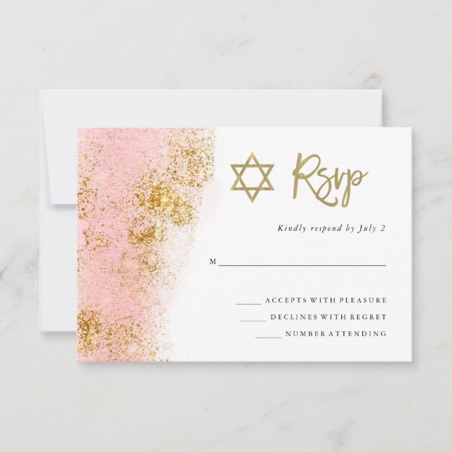 Cartons Réponse Aquarelle rose | Faux Gold Bat mitzvah (Devant)