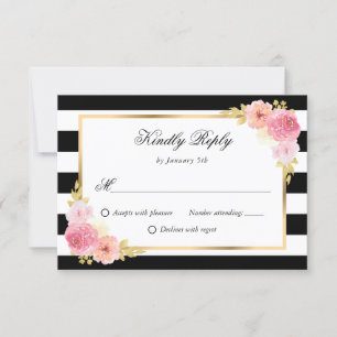 Cartons Réponse Aquarelle rose or noir Mariage floral