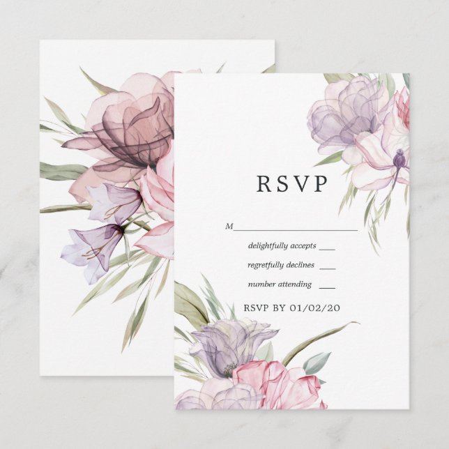 Cartons Réponse Aquarelle rose poussiéreuse Boho Mariage floral (Devant / Derrière)