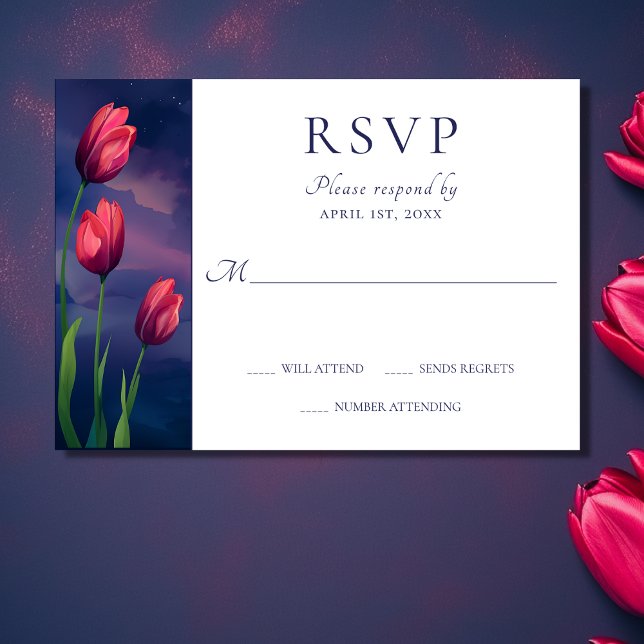 Cartons Réponse Aquarelle Rouges, étoiles et Mariage de Pleine lun (Front - Watercolor Red Tulips, Stars and Full Moon Wedding RSVP Card)