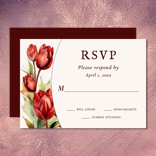 Cartons Réponse Aquarelle Rouges Tulipes Mariage Floral (Watercolor Red Tulips Spring Floral Wedding RSVP Card)