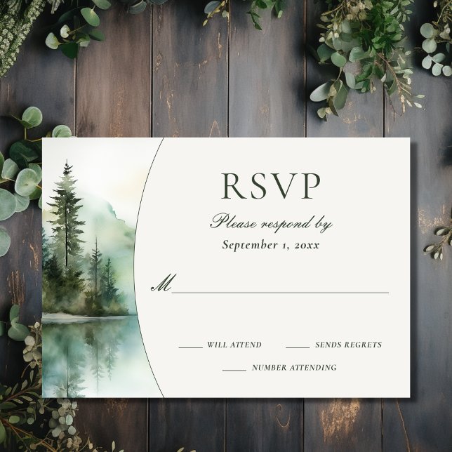 Cartons Réponse Aquarelle Rustic Mountain Lake Mariage forestier (Front - Watercolor Rustic Mountain Lake Forest Wedding RSVP Card)