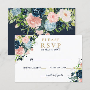 Cartons Réponse Aquarelle Rustique Marine Blush or Floral Mariage