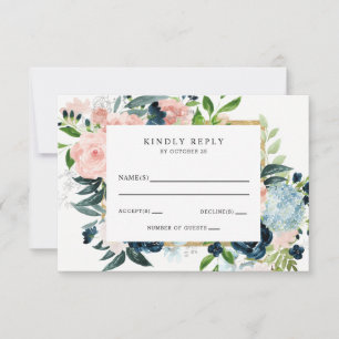 Cartons Réponse Aquarelle Rustique Marine Blush or Floral Mariage