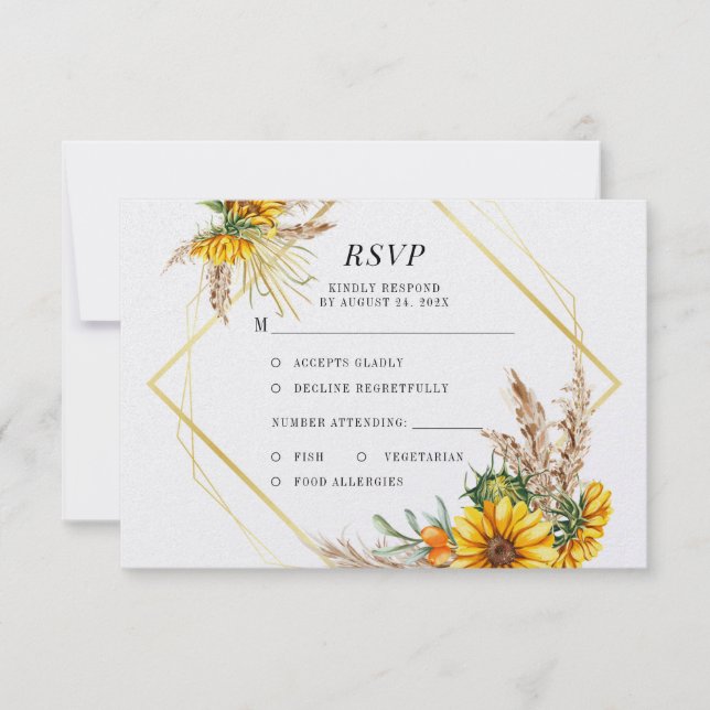 Cartons Réponse Aquarelle tournesol Mariage rustique (Devant)