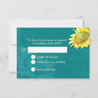 Cartons Réponse Aquarelle Tournesol Rustique Bleu Jade Mariage RSV
