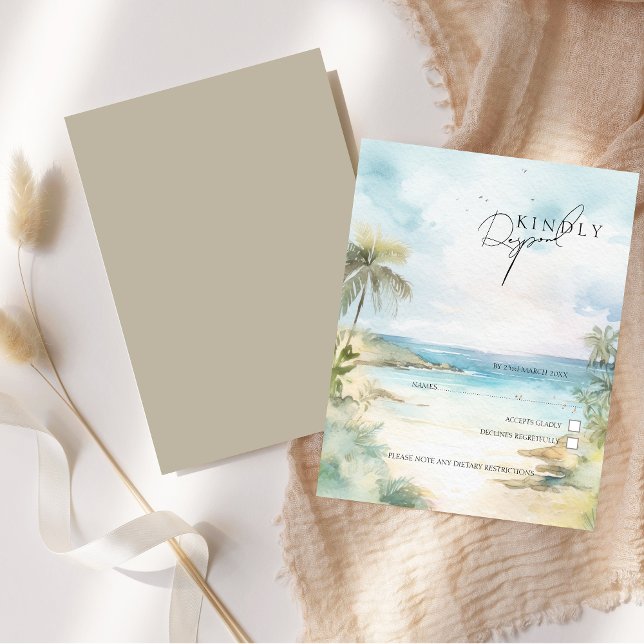 Cartons Réponse Aquarelle Tropical Beach Palm Trees Mariage (Watercolor Tropical Beach Palm Trees Wedding RSVP Card)