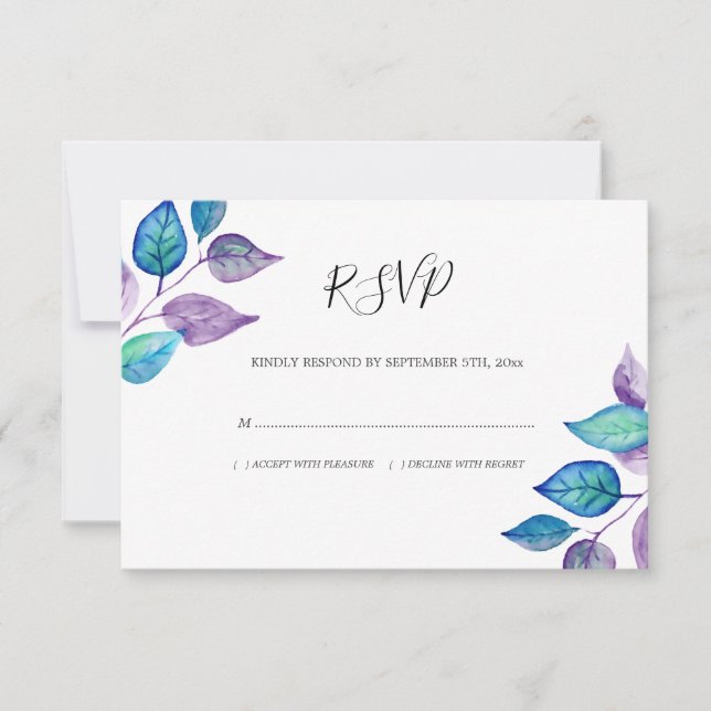 Cartons Réponse Aquarelle Turquoise Purple Feuilles Mariage (Devant)