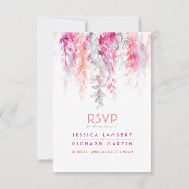 Cartons Réponse Aquarelle vignes corail orange rose vert mariage (Devant)