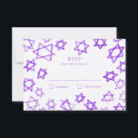Cartons Réponse Aquarelle violet étoile de David Bar Bat mitzvah<br><div class="desc">Réponse parfaite carte RSVP pour un bat mitzvah, bar mitzvah ou toute autre célébration juive ! L'aquarelle faite à la main pour vous à l'avant et à l'arrière! ENTIÈREMENT PERSONNALISABLE ! Cliquez sur "Personnaliser" ci-dessus pour modifier le texte. Cliquez sur "modifier à l'aide de l'outil de conception" pour ajuster les...</div>