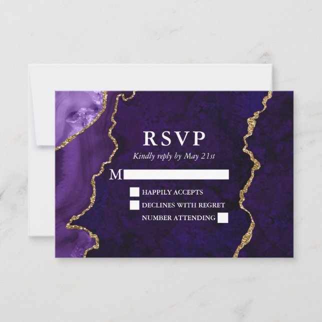 Cartons Réponse Aquarelle violet or marbre Agate Géode Mariage (Devant)