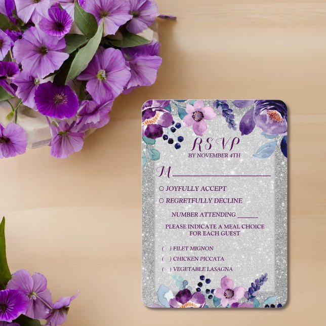 Cartons Réponse Aquarelle violette Floral et Mariage Parties scint (Flat lay elegant script romantic plum lilac spring watercolor lavender pansy silver glitter RSVP)