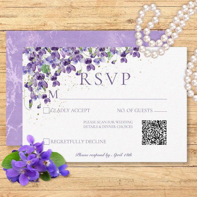 Cartons Réponse Aquarelle violette le code QR Mariage (Purple Watercolor Violets Wedding QR Code RSVP Card)