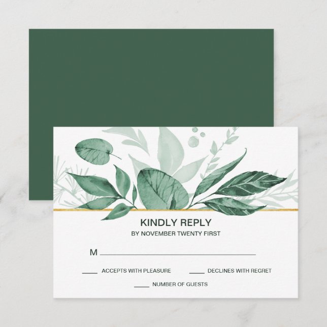 Cartons Réponse Aquarelle Wild Feuilles Hunter Mariage vert (Devant / Derrière)