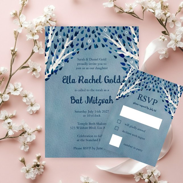 Cartons Réponse Arbre de la vie Stars Aquarelle Bat Bar Mitzvah (Tree of Life Stars Watercolor Bat Bar Mitzvah Invitation RSVP Card
)