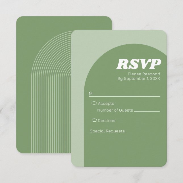 Cartons Réponse Arche Boho Vert Sage - Mariage minimal (Devant / Derrière)
