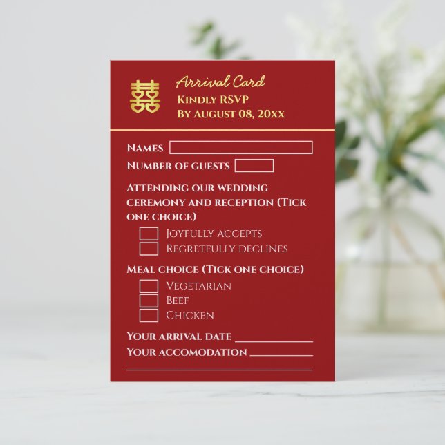 Cartons Réponse Arrivée de destination rouge foncé mariage chinois (Debout devant)
