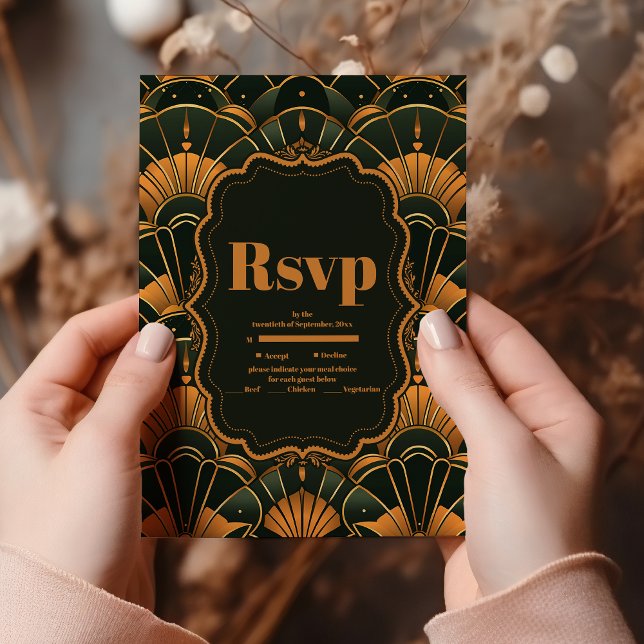 Cartons Réponse Art Déco Mariage Diamant Or et Vert (Créateur téléchargé)
