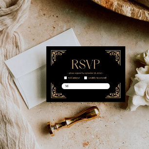 Cartons Réponse Art Déco Moderne   Mariage Élégant Noir et Or