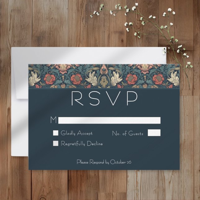 Cartons Réponse Art Nouveau Blue William Morris Floral Wedding (Art Nouveau Blue William Morris Floral Wedding RSVP Card)