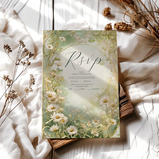 Cartons Réponse Art Nouveau Marguerites Ivoire Vert Mariage (Créateur téléchargé)