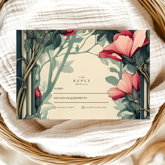 Cartons Réponse Art Nouveau Or Vert Floral Mariage (Créateur téléchargé)