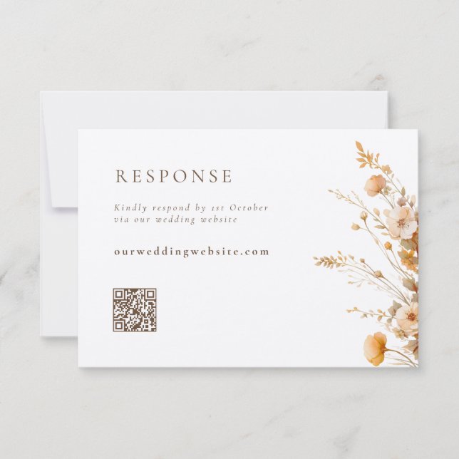 Cartons Réponse Automne Brown & Tan Fleur sauvage QR Code Mariage (Devant)